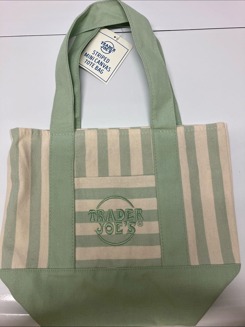 NWT Trader Joe Small Green Stripe Canvas Tote Bag